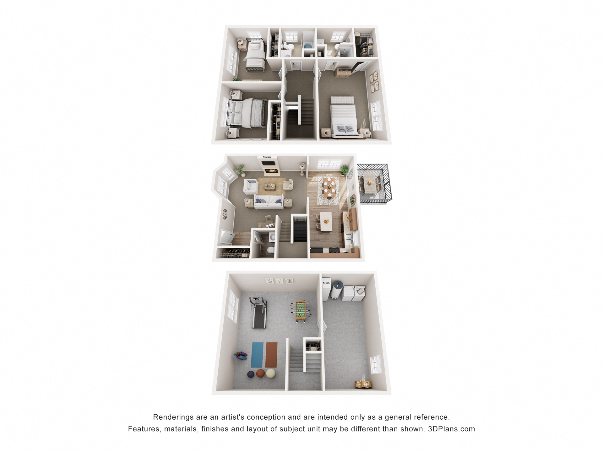 Floor plan for 3 beds, 2.5 baths, 1960 sqft